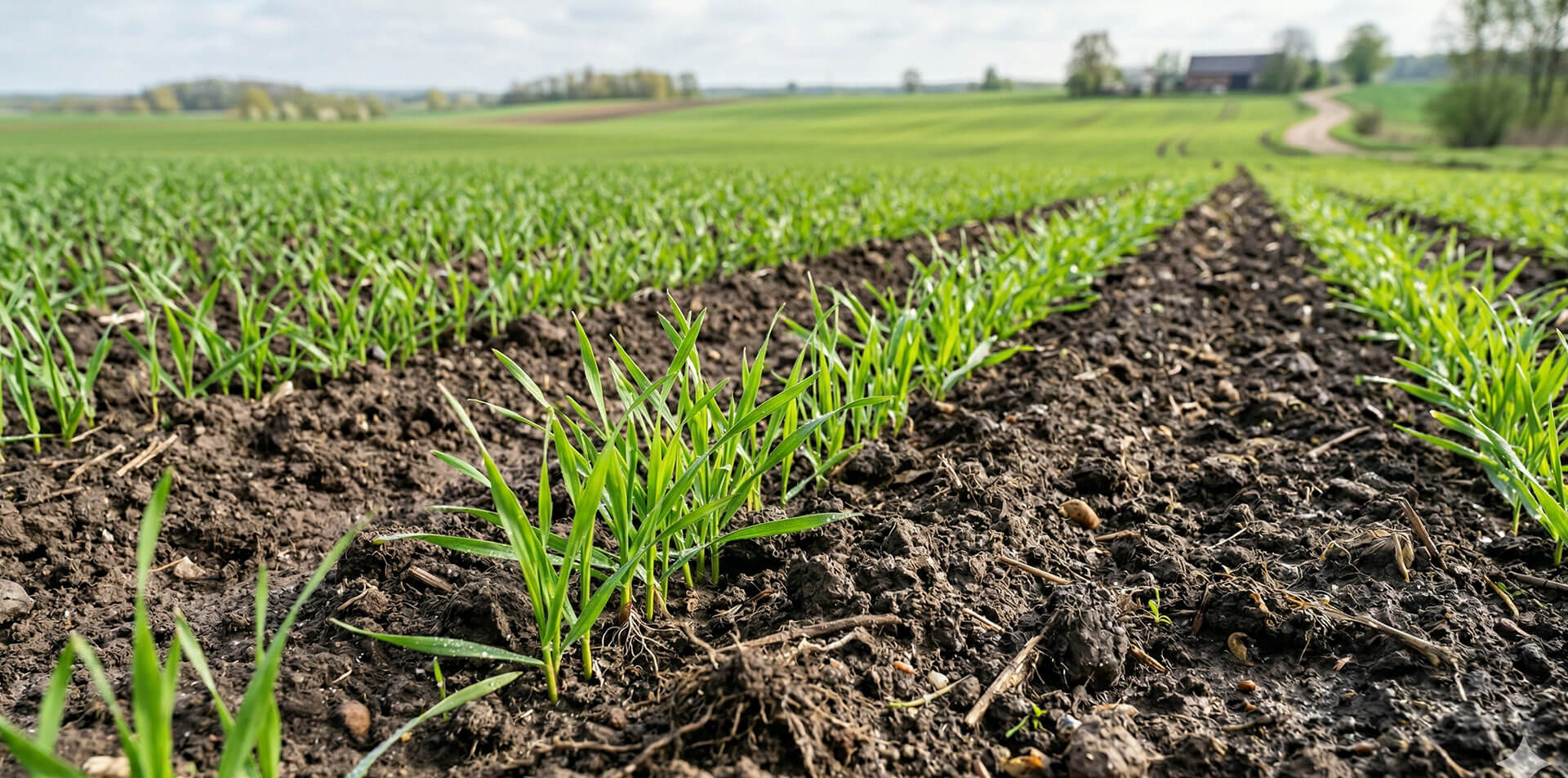 widok na łan młodego zboża bez chwastów